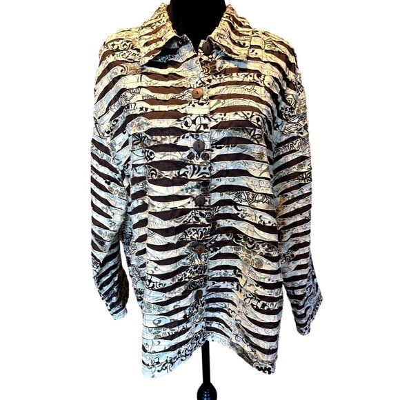 Life Style Woman Button-Up Jacket Earth Tones Striped Pattern Blouse Dressy Glam - Picture 1 of 9
